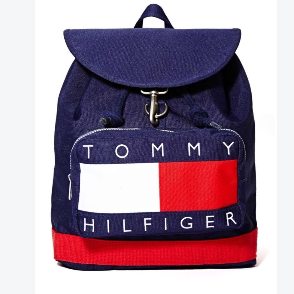 Tommy Hilfiger Vintage Y2K Canvas Navy Red White Drawstring Backpack Bag Unisex